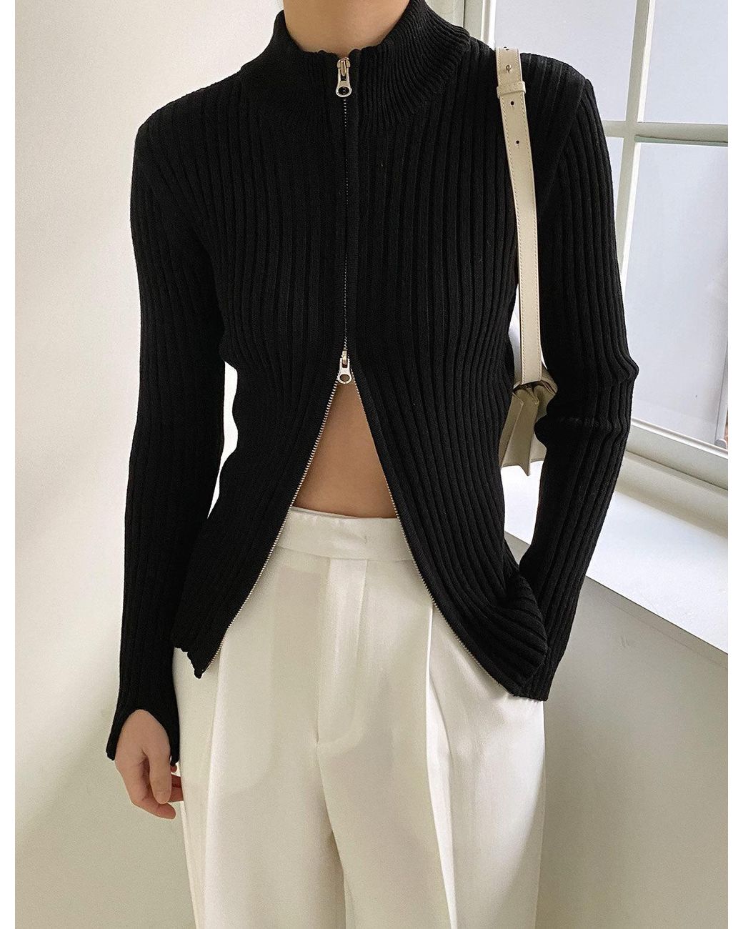 Pixie Market Black Ribbed Zipper Cardigan -bestseller | Lyst