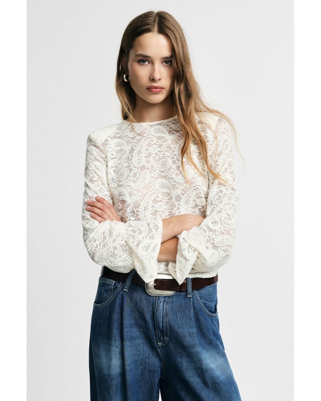 Pull Dentelle Manches Ballon Please en coloris Natural