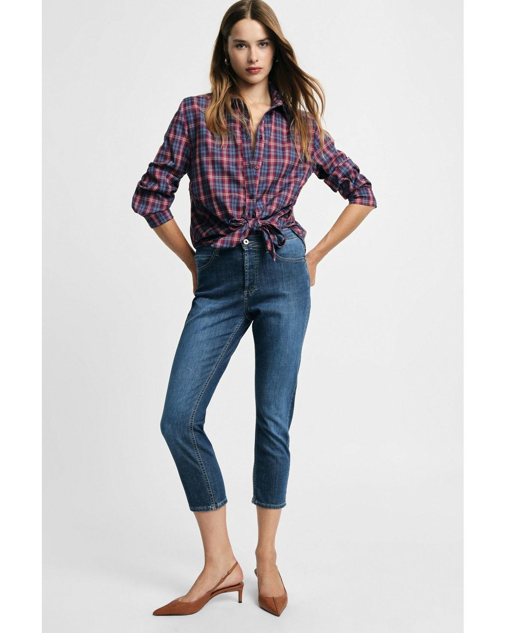 Jean Cropped Taille Haute Coupe Droite Please en coloris Blue
