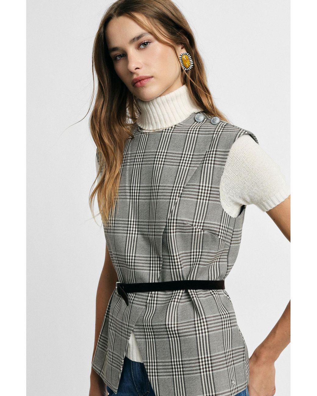 Gilet À Carreaux Avec Ceinture Et Fermeture Éclair Please en coloris Gray