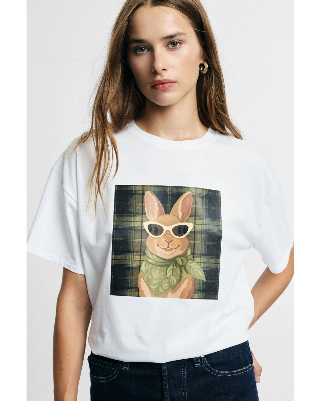T-Shirt Manches Courtes Motif Lapin Please en coloris White