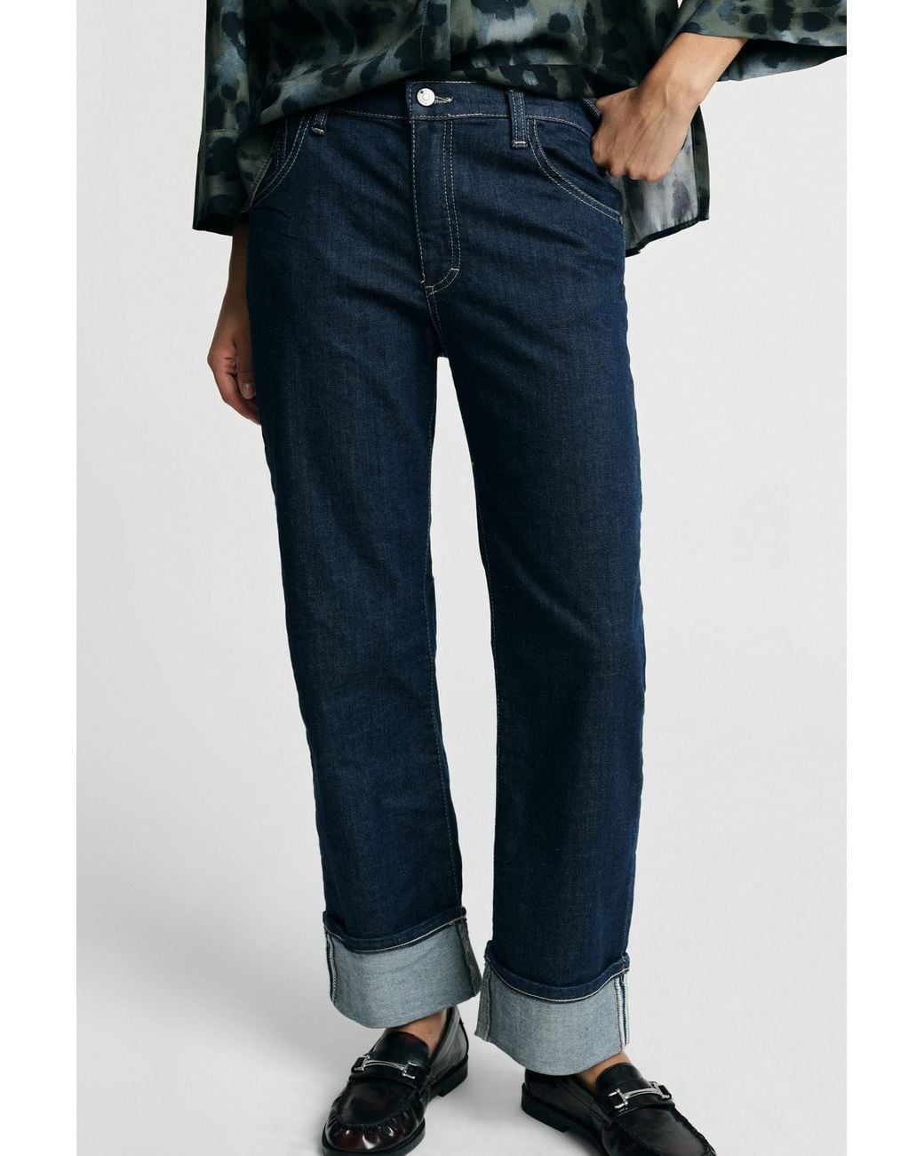 Jeans Coupe Droite À Revers Et Surpiqûres Contrastées Please en coloris Blue