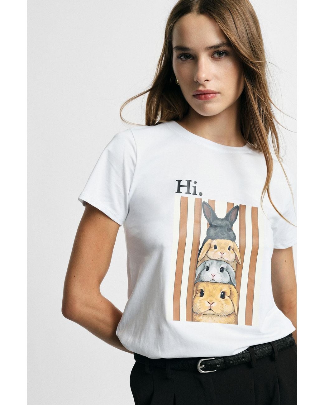 T-Shirt Manches Courtes Imprimé Lapins Please en coloris White
