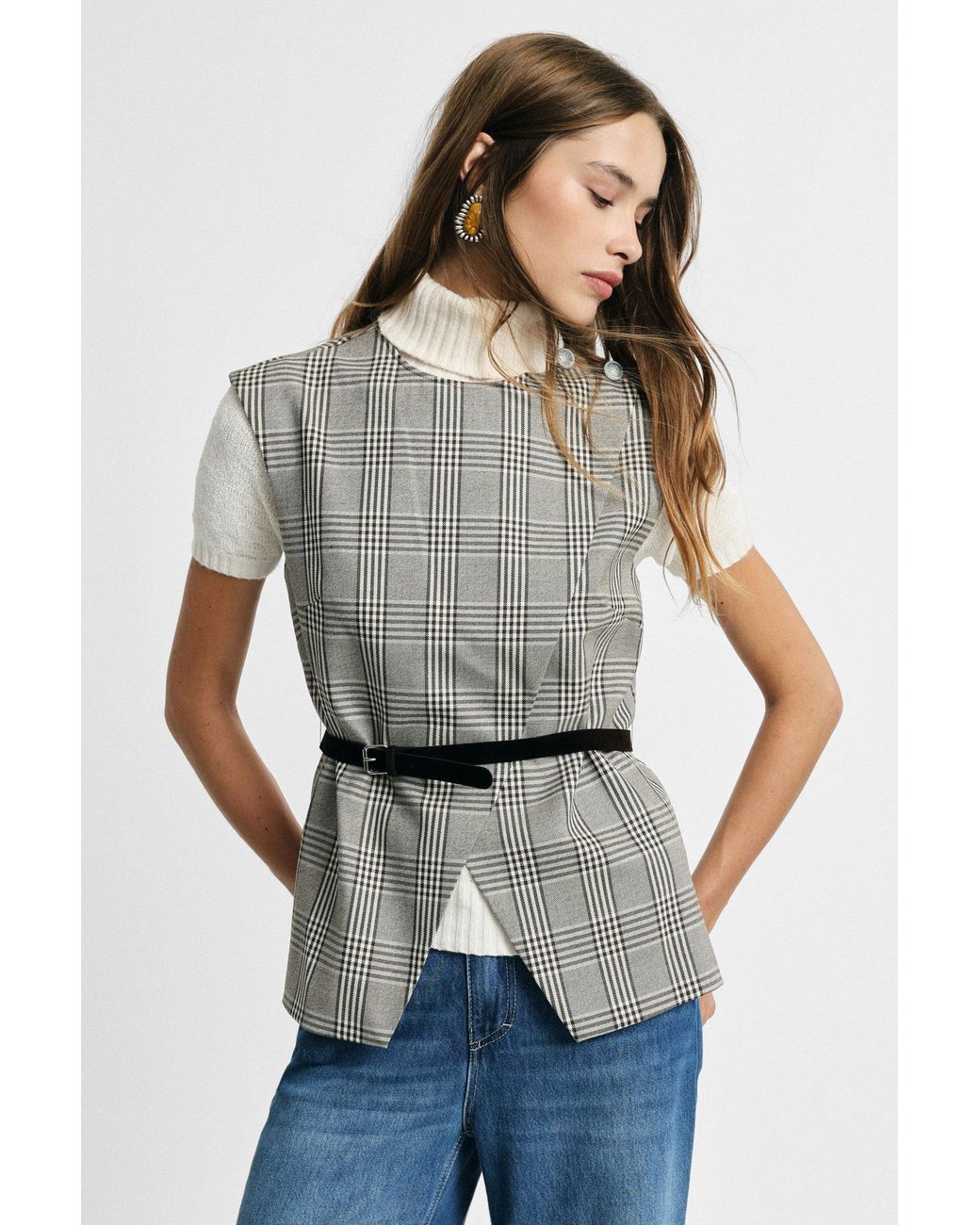 Gilet À Carreaux Avec Ceinture Et Fermeture Éclair Please en coloris Gray
