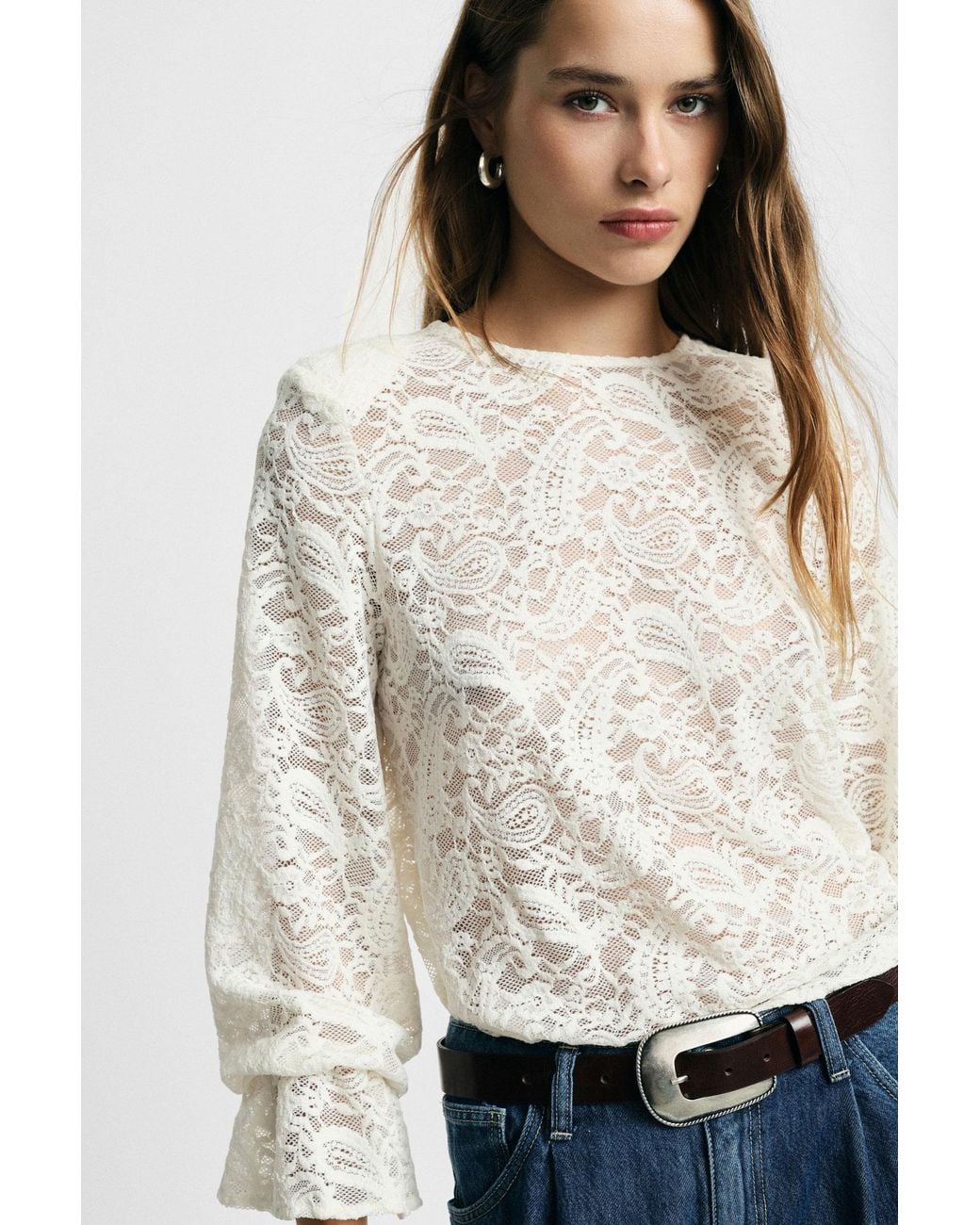 Pull Dentelle Manches Ballon Please en coloris Natural
