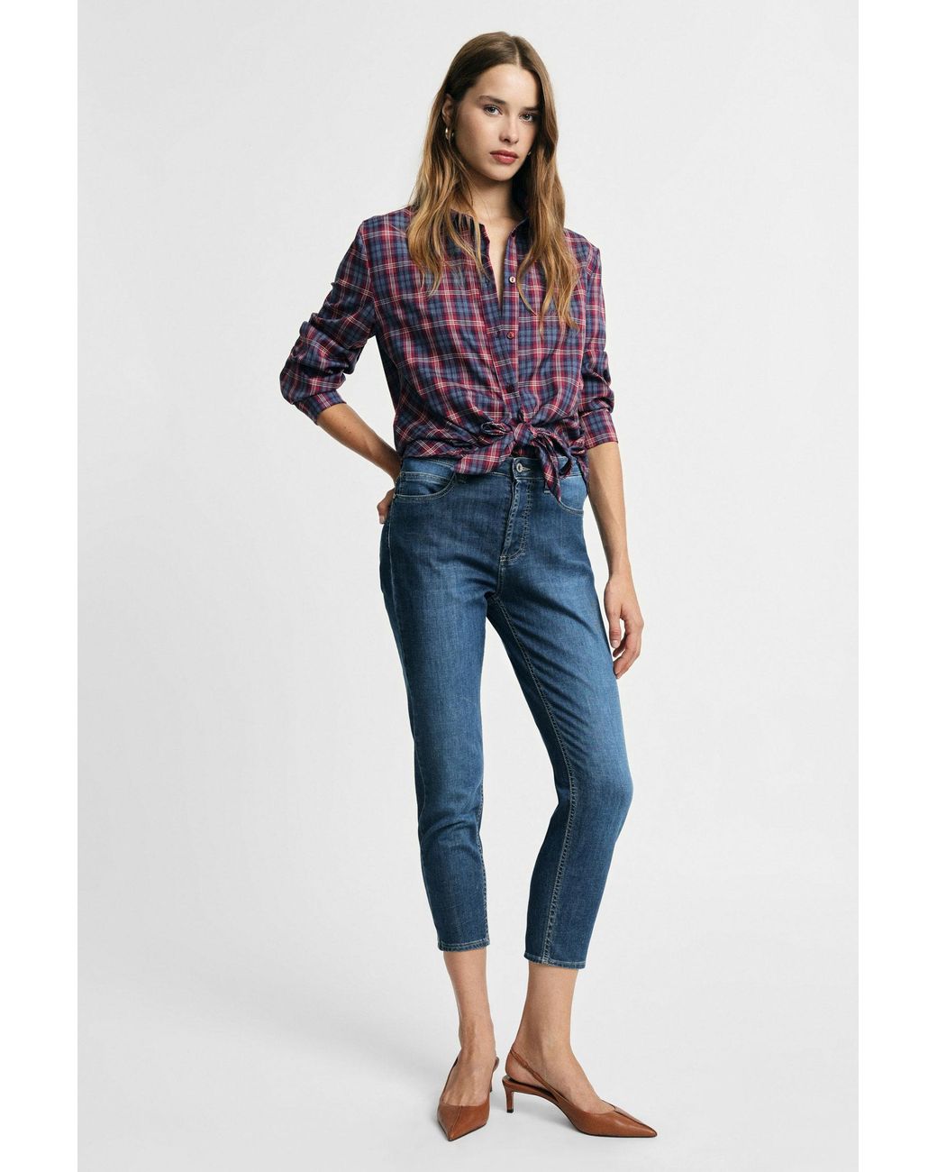 Jean Cropped Taille Haute Coupe Droite Please en coloris Blue