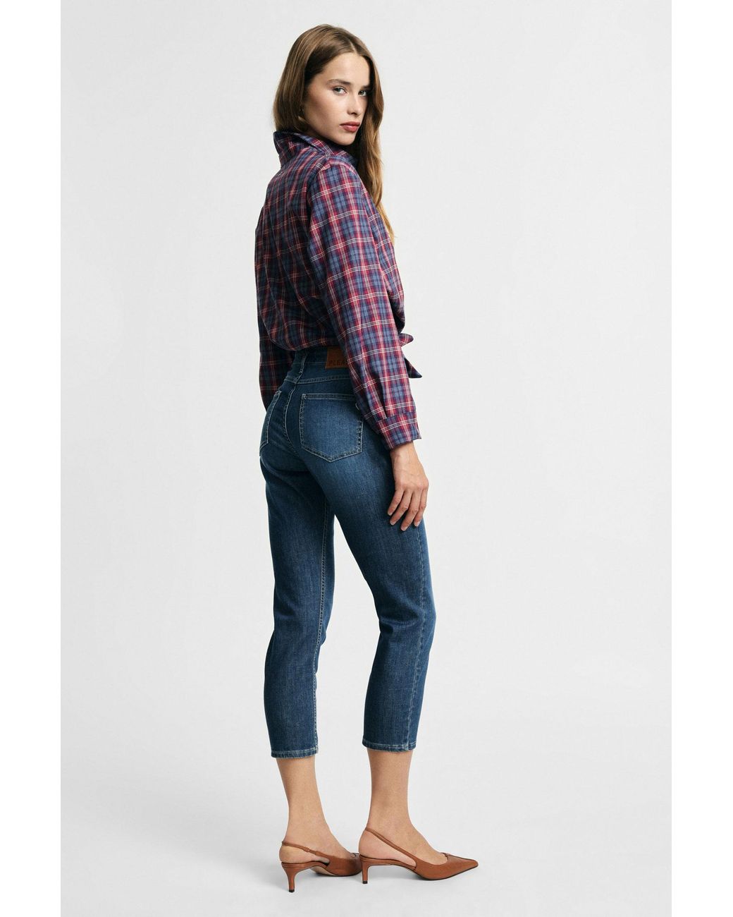 Jean Cropped Taille Haute Coupe Droite Please en coloris Blue