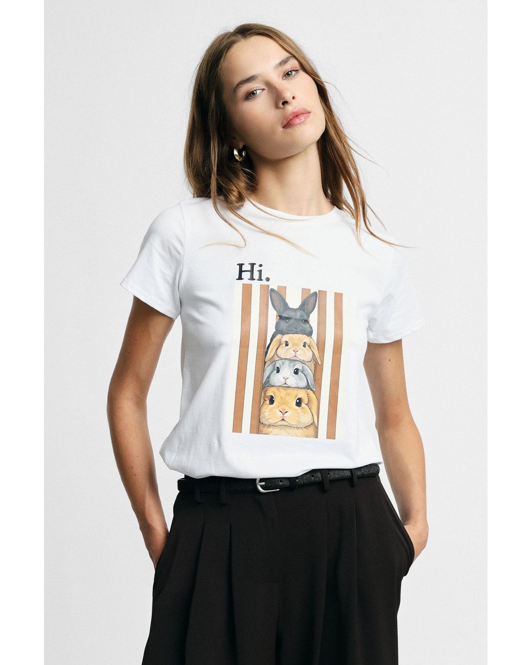 T-Shirt Manches Courtes Imprimé Lapins Please en coloris White