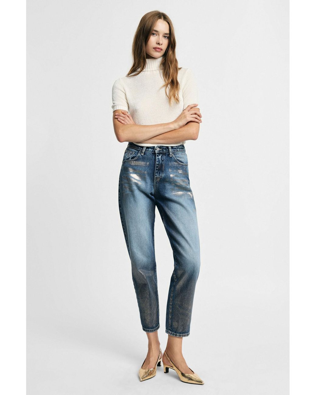 Jean Mom-Fit Taille Haute Effet Usé Please en coloris Blue