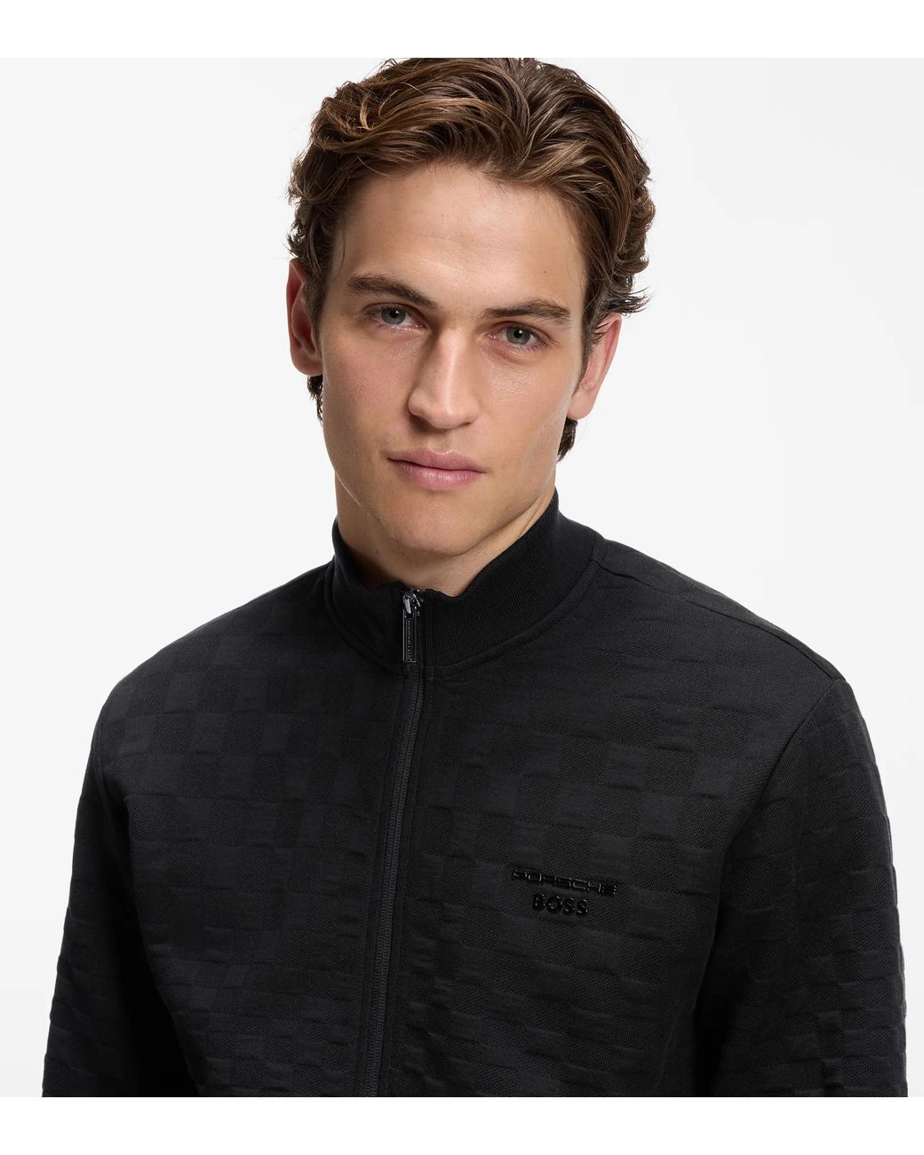 Porsche Lifestyle Black Zip-Up Sweatshirt With Pascha-Check Jacquard for men