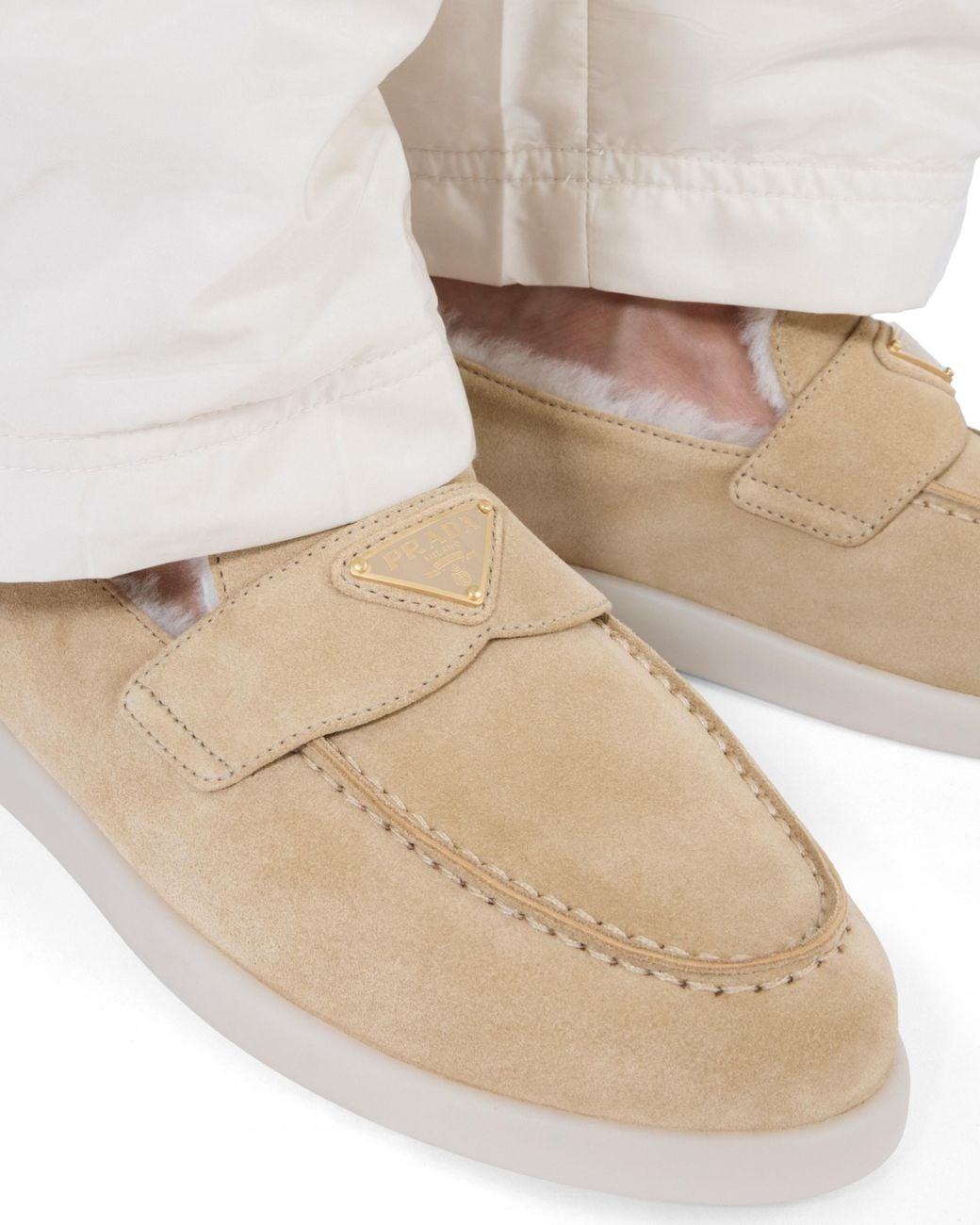 Prada Natural Suede And Shearling Loafers