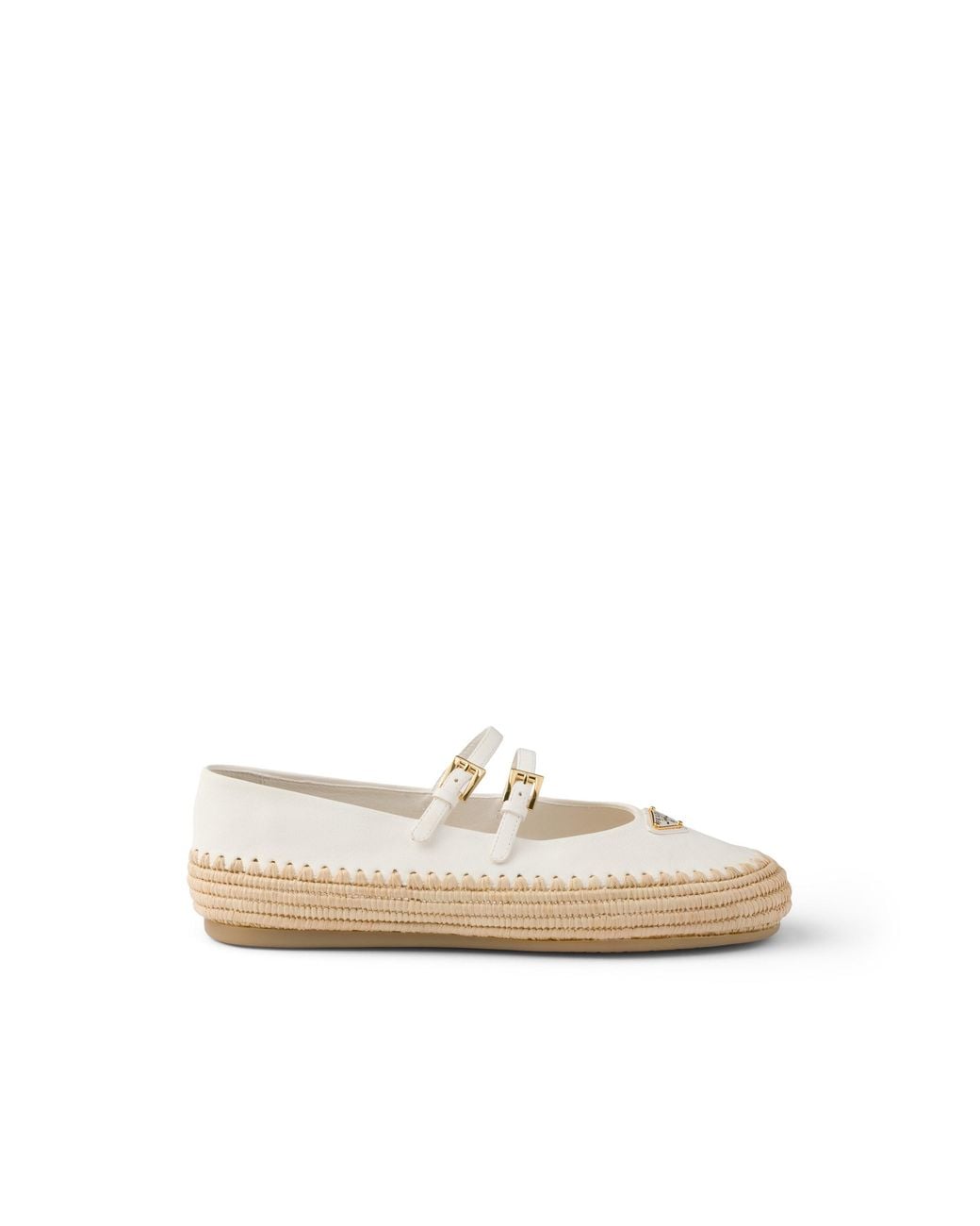 Prada White Logo Leather & Raffia Ballet Flat