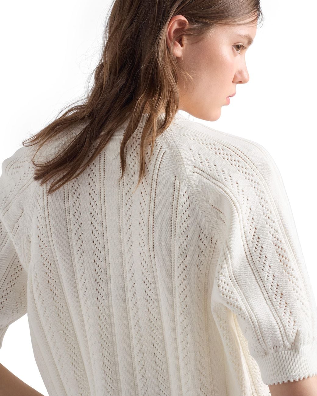 Prada White Short-Sleeved Openwork Cotton Cardigan