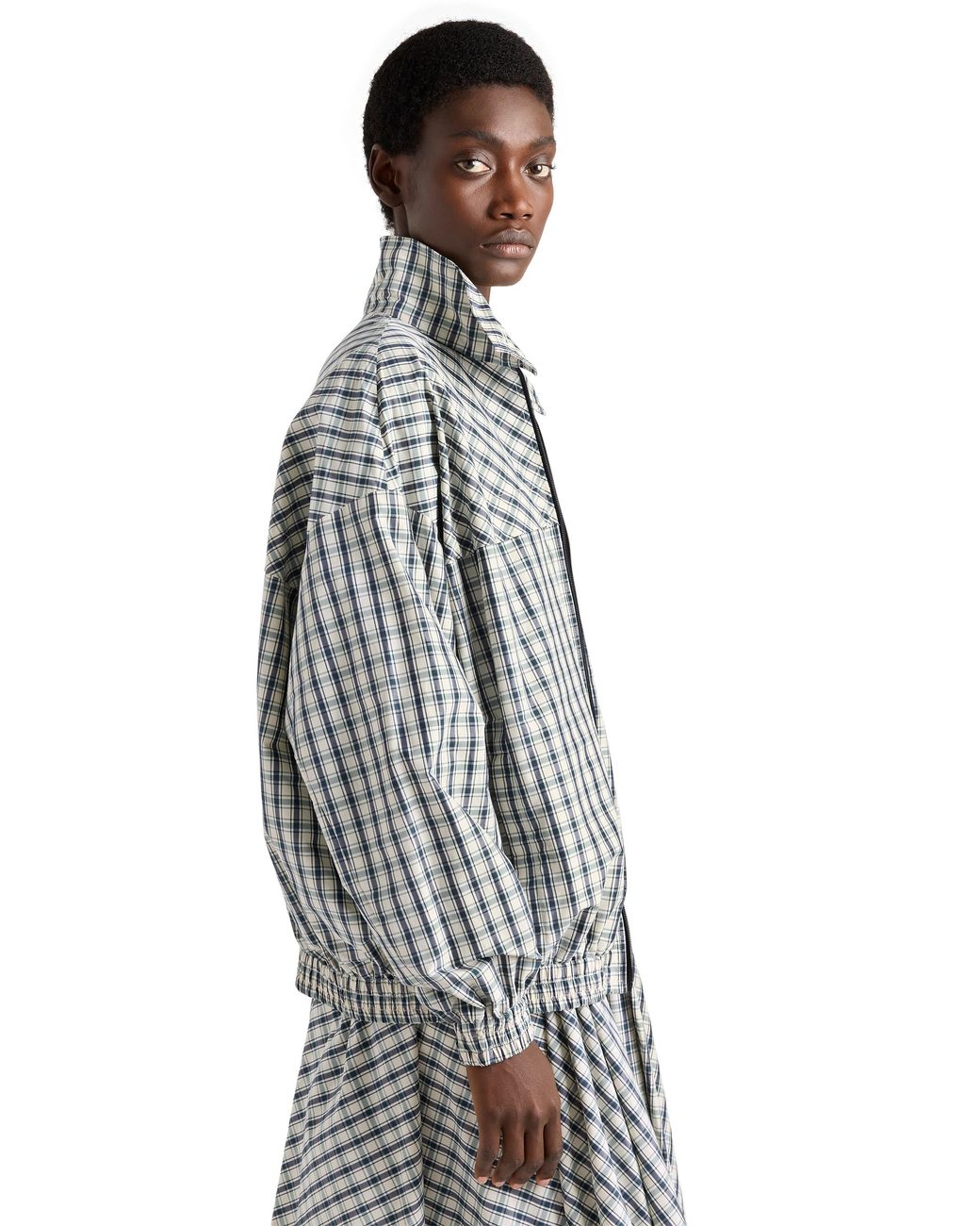 Prada Gray Checked Chambray Blouson Jacket, Ivory