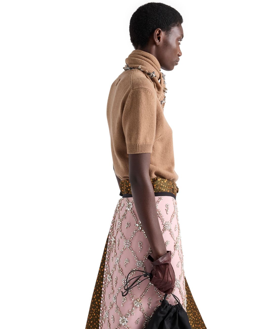Prada Brown Short-Sleeved Cashmere Sweater With Scarf, Camel