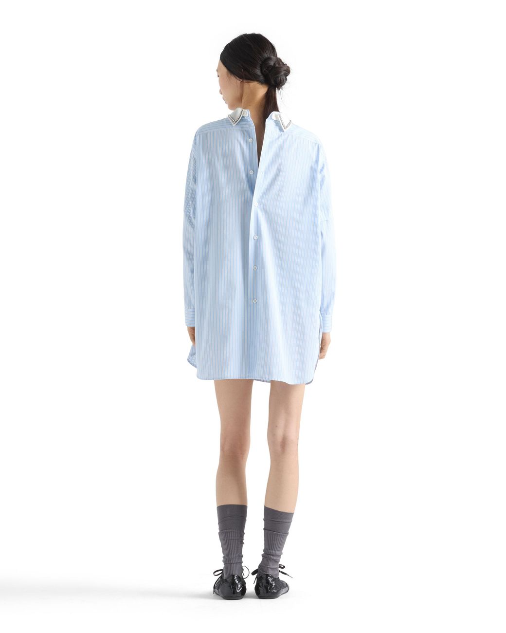 Prada Blue Embroidered Striped Poplin Top