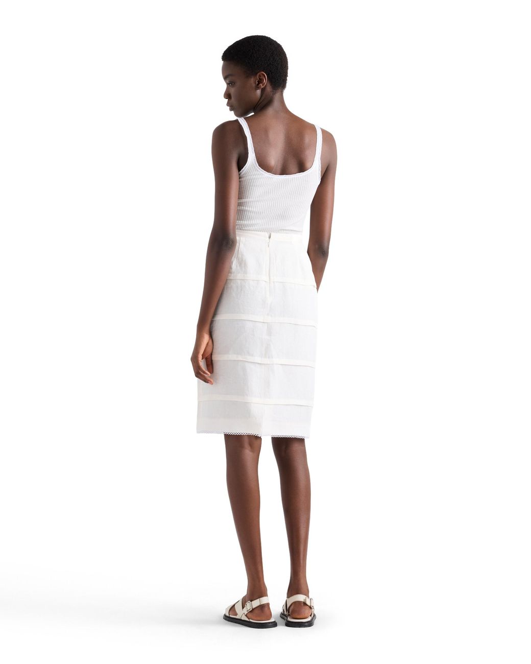 Prada White Embroidered Slubbed Linen Skirt