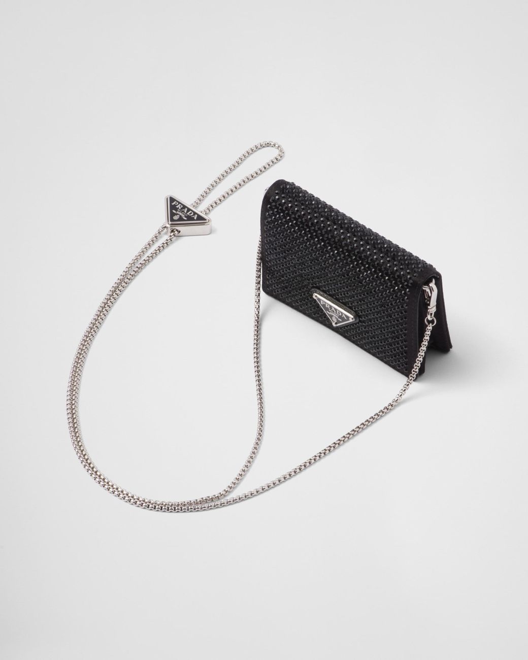 【PRADA】Brushed leather card holder with shoulder strap Prada Cardholder With Shoulder Strap And Crystals in Black
