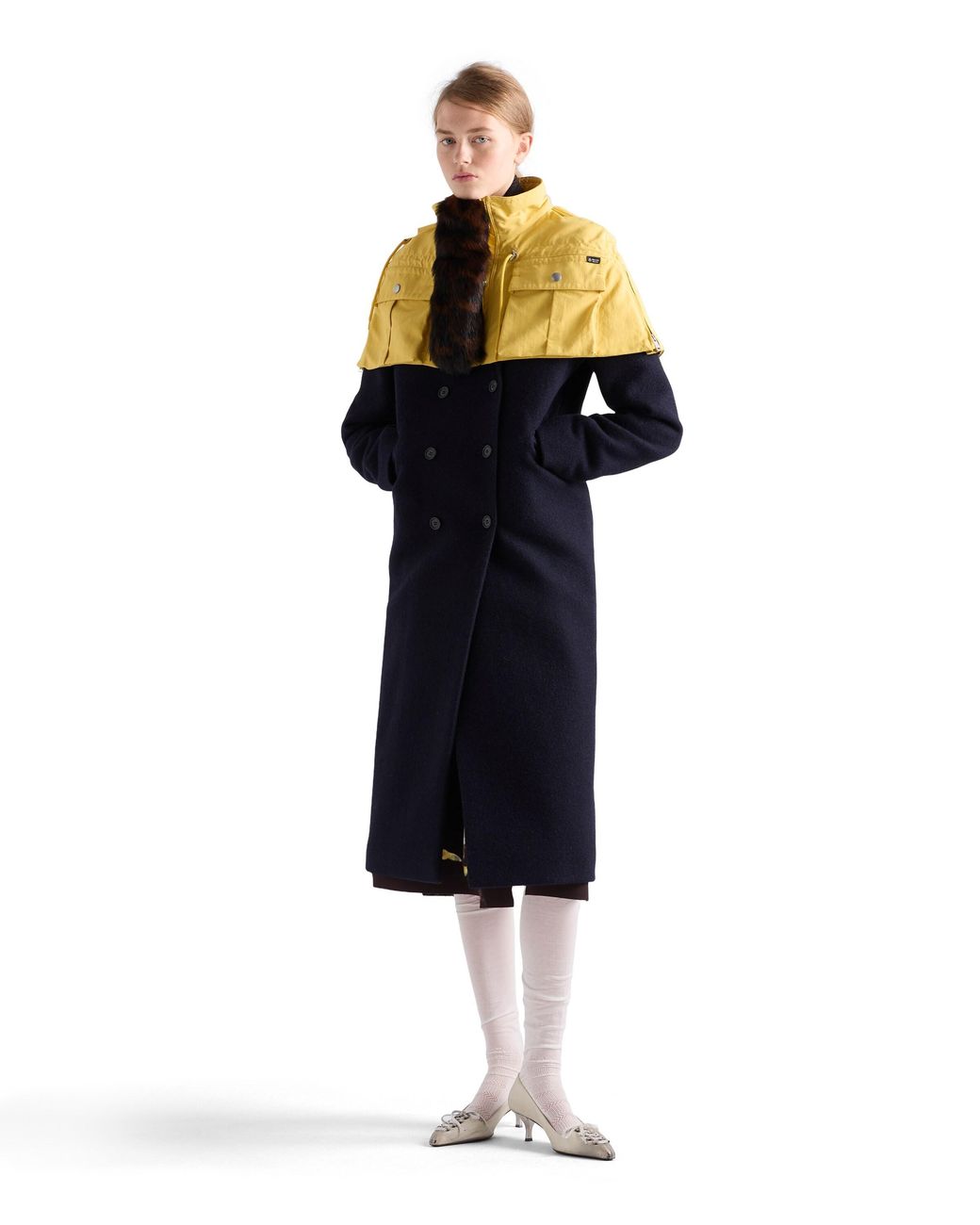 Prada Yellow Technical Fabric Capelet With Shearling Trim