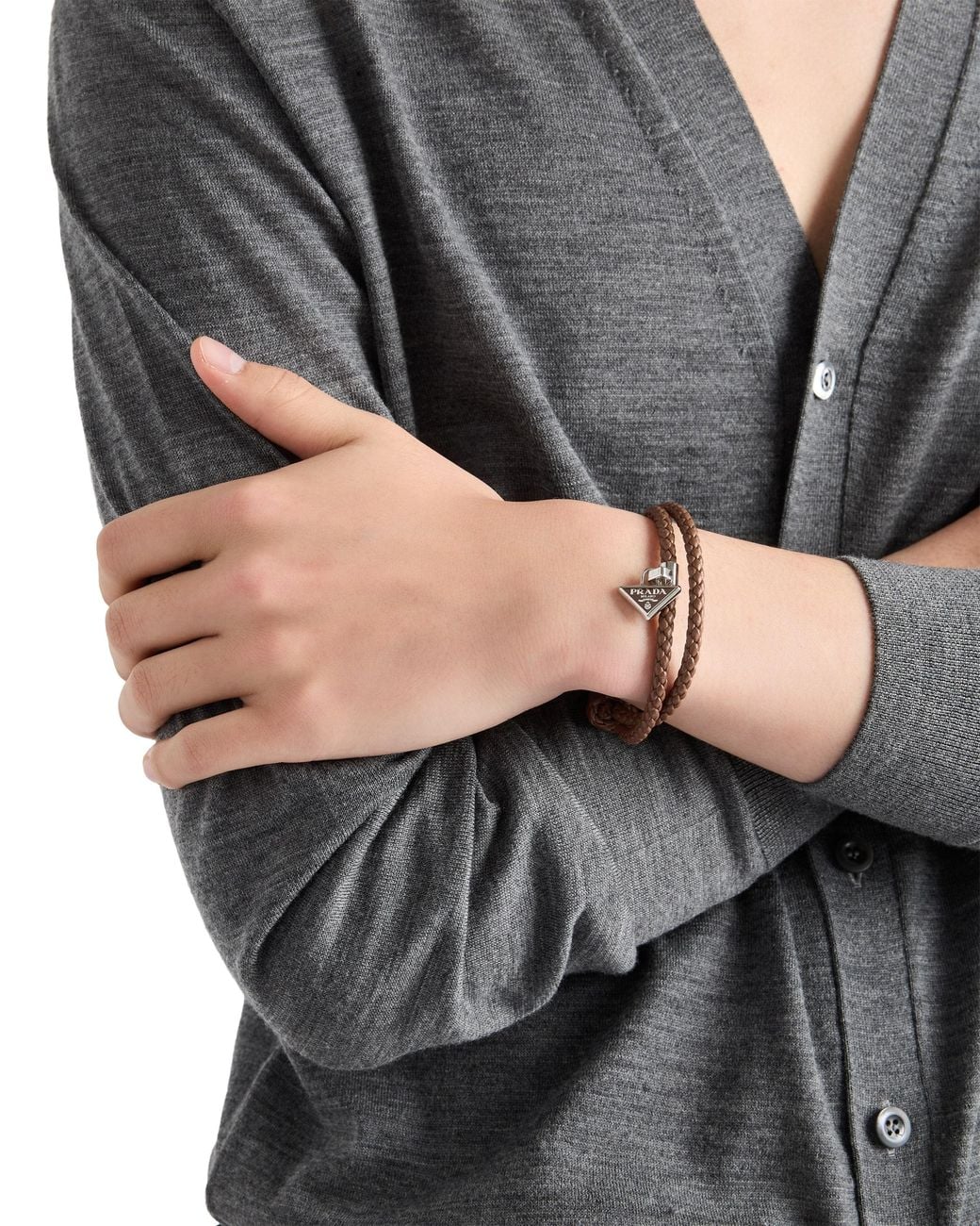 Prada White Braided Nappa Leather Bracelet for men