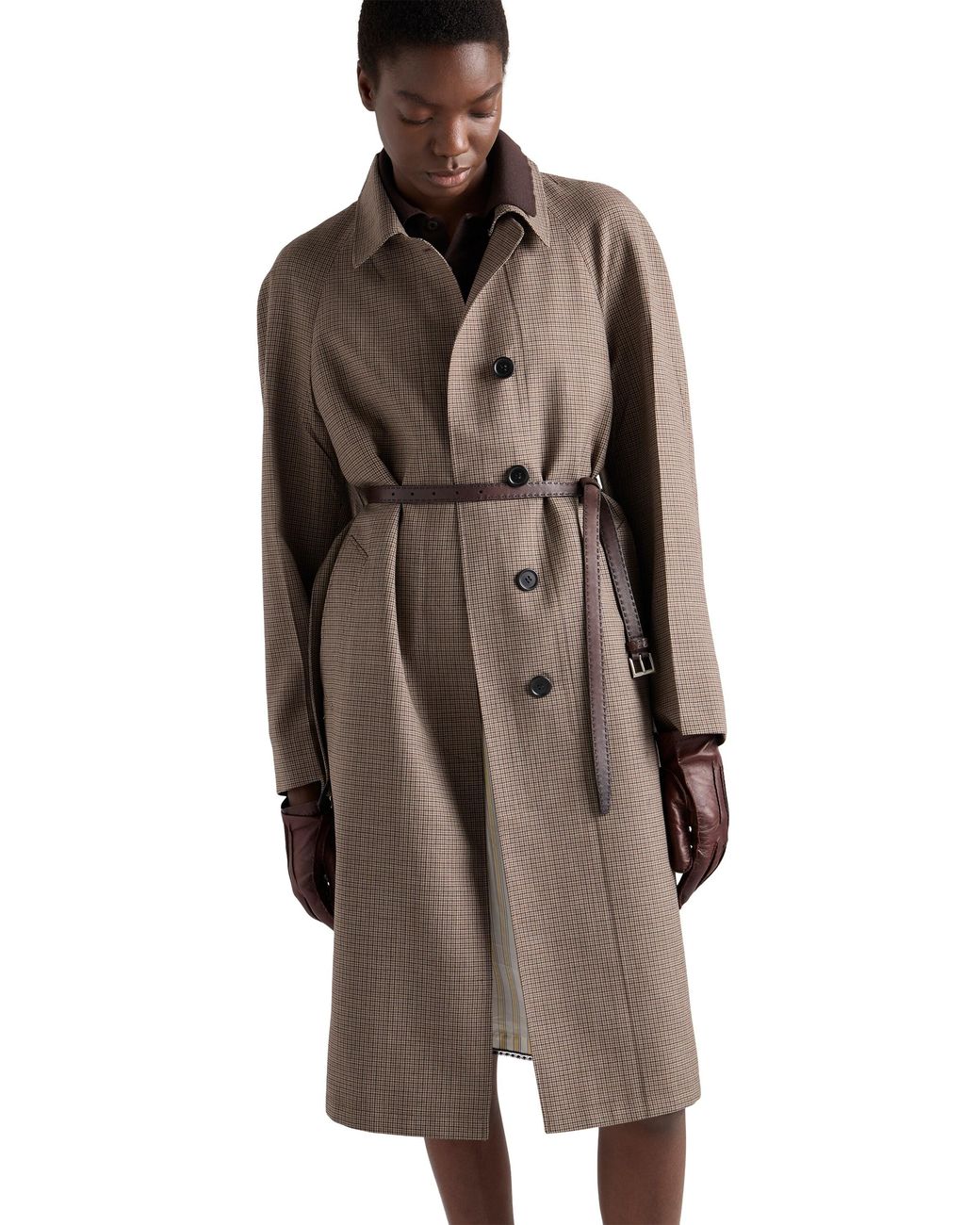 Prada Brown Single-Breasted Houndstooth Check Wool Coat