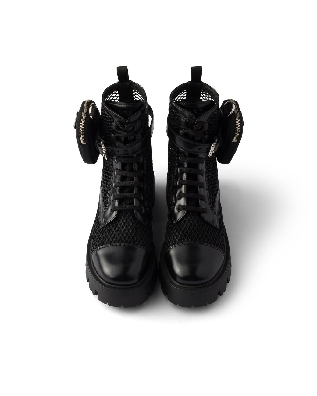 Prada Black Mesh Fabric And Brushed Leather Booties With Pouch