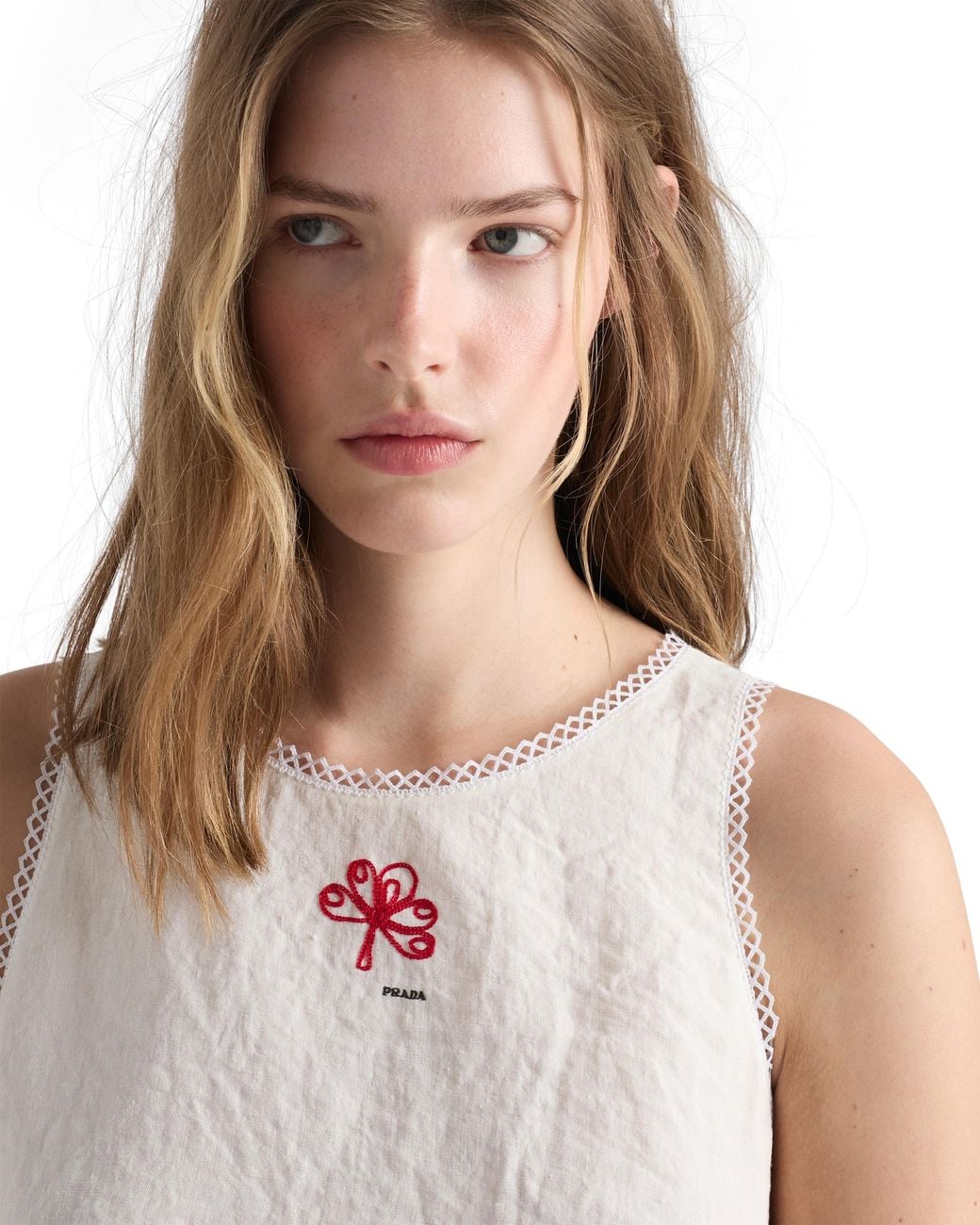Prada White Embroidered Slubbed Canvas Mini-Dress
