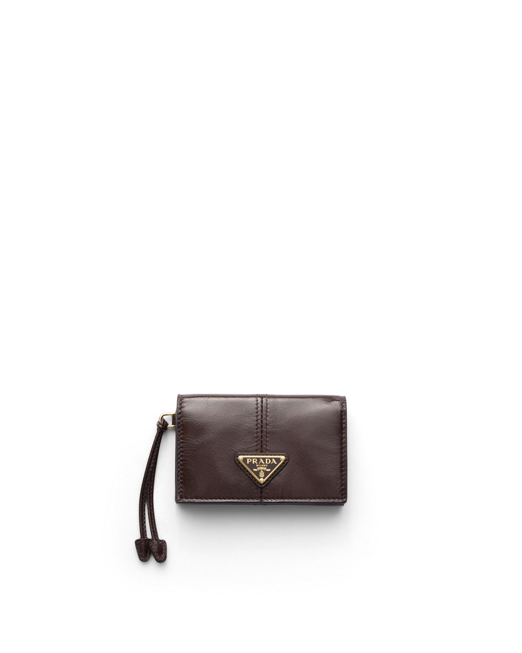 Prada Brown Leather Card Holder With Flap, Dark