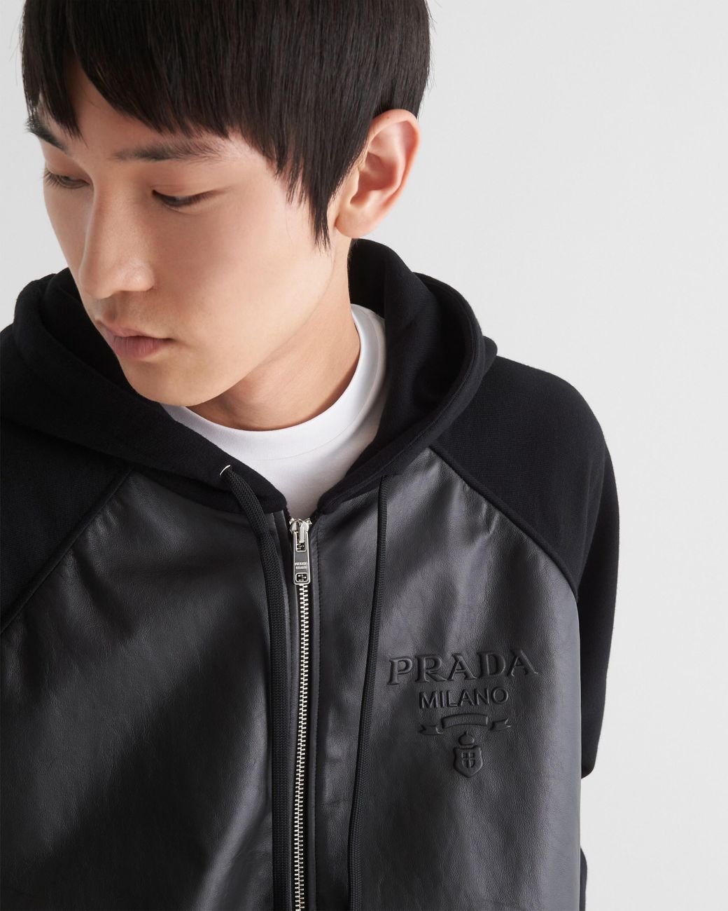 Prada Technical Fleece And Leather Hoodie Jacket in Black for Men | Lyst