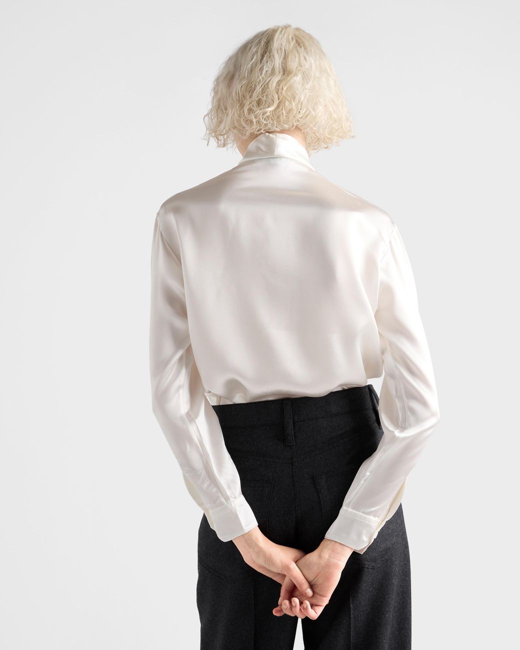 Prada Natural Satin Bow-Neck Button-Down Blouse