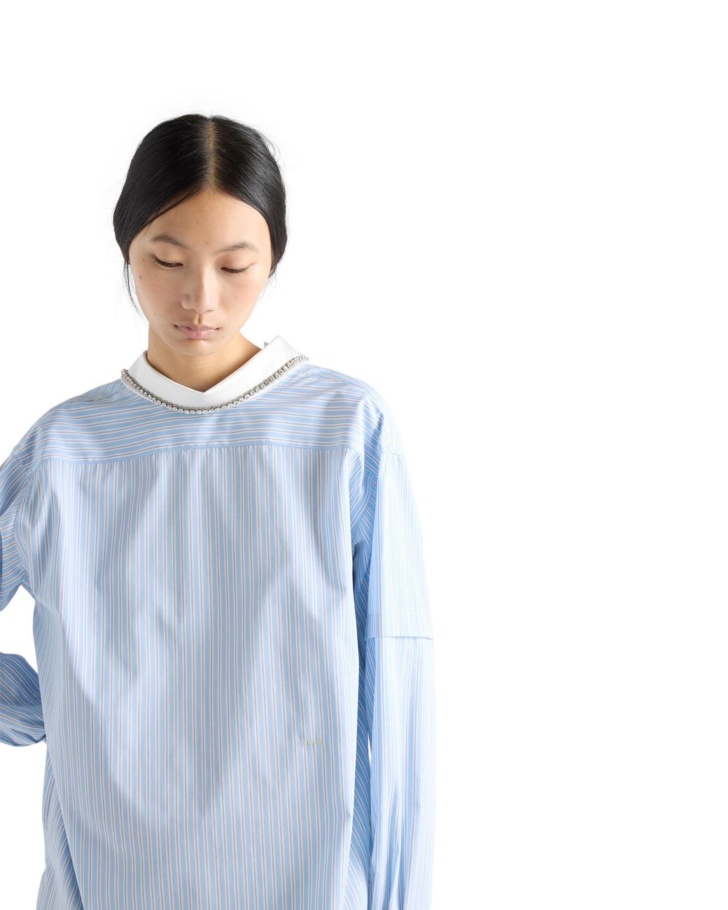 Prada Blue Embroidered Striped Poplin Top