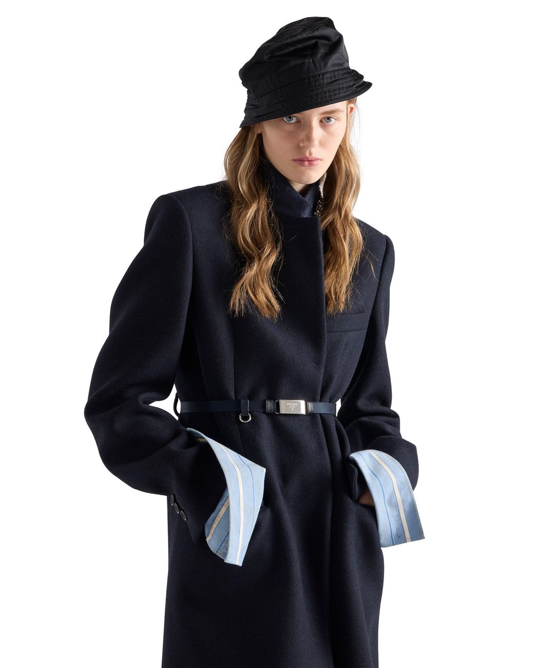 Prada Blue Single-Breasted Embroidered Double Wool Coat