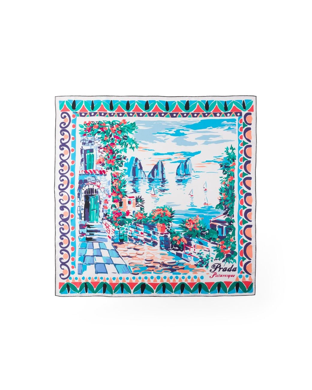 Prada Blue Printed Silk Twill Scarf, 90 X 90 Cm