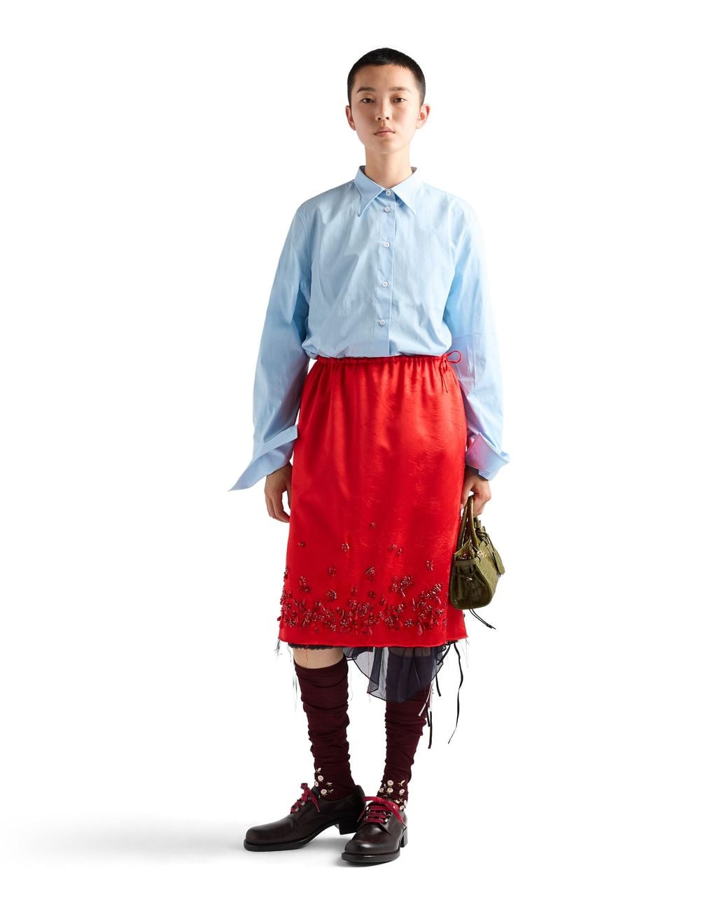 Prada Red Satin Skirt With Embroidery