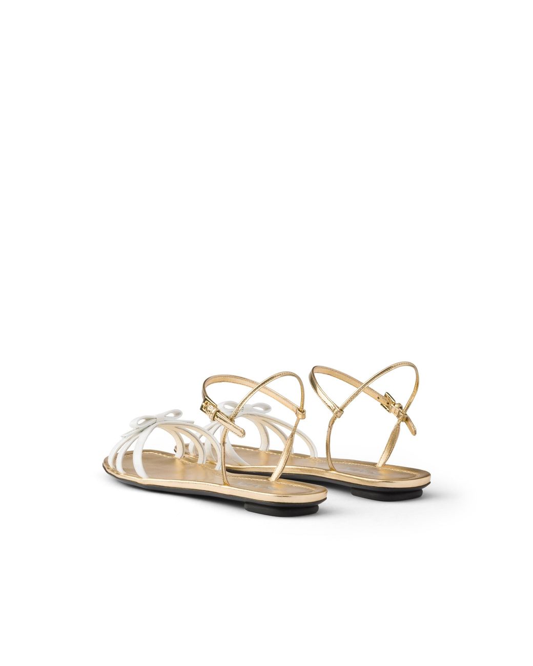 Prada White Flat Patent And Metallic Leather Sandals