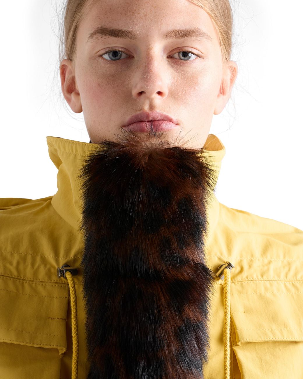 Prada Yellow Technical Fabric Capelet With Shearling Trim