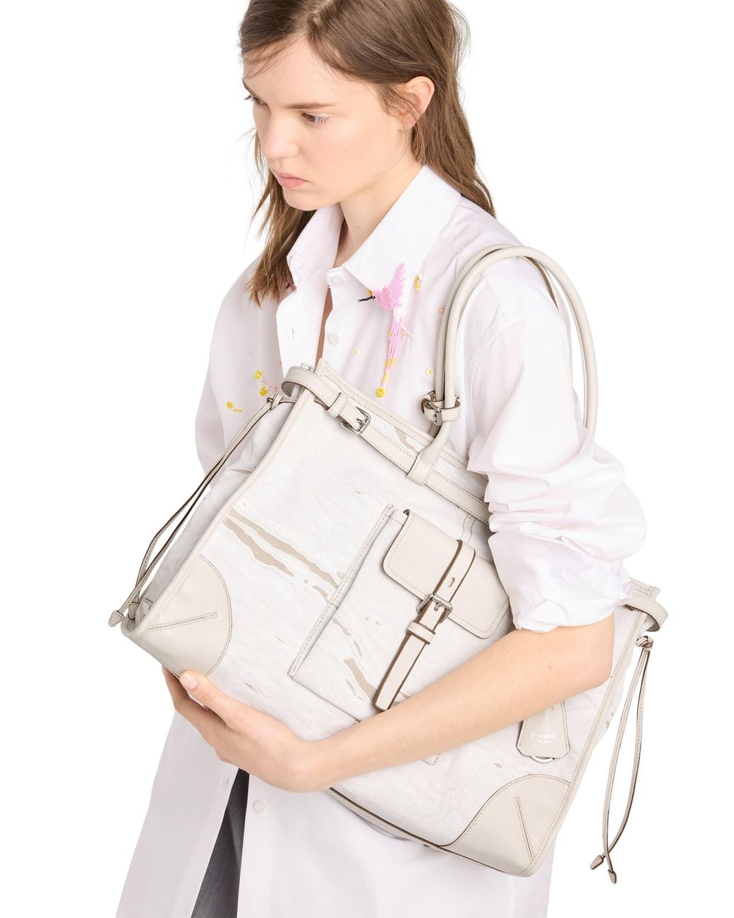 Prada Gray Bonnie Extra-Large Printed Linen And Leather Tote Bag
