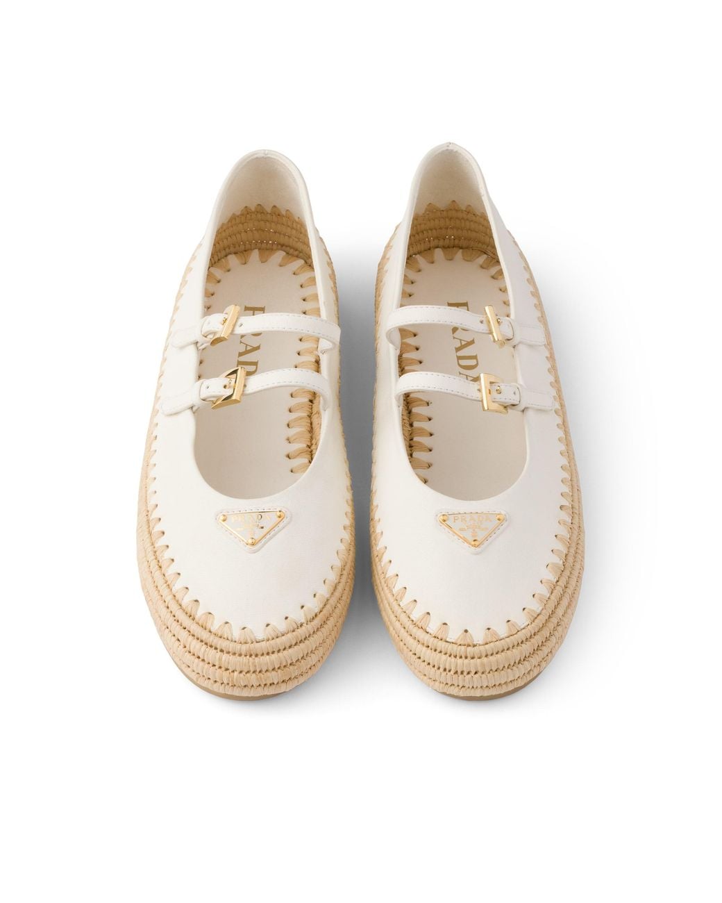 Prada White Logo Leather & Raffia Ballet Flat