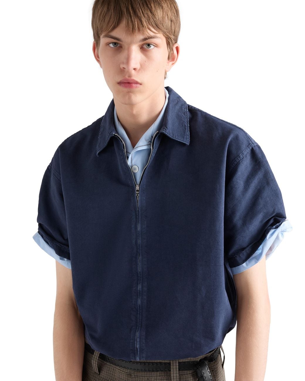 Prada Blue Short-Sleeved Cotton Zipper Shirt for men