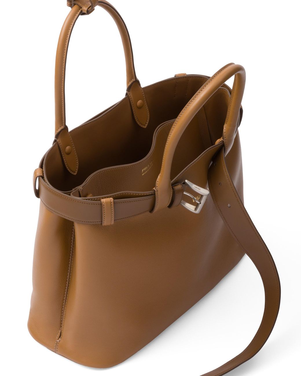 Prada Brown Buckle Large Leather Handbag With Belt