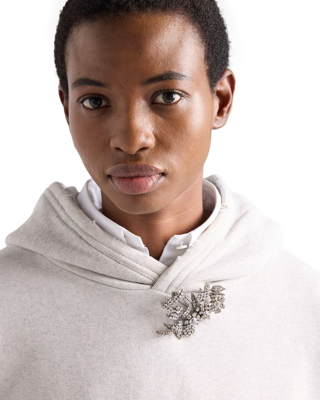 Prada White Cotton Fleece Hoodie With Jewel Brooch, Marble