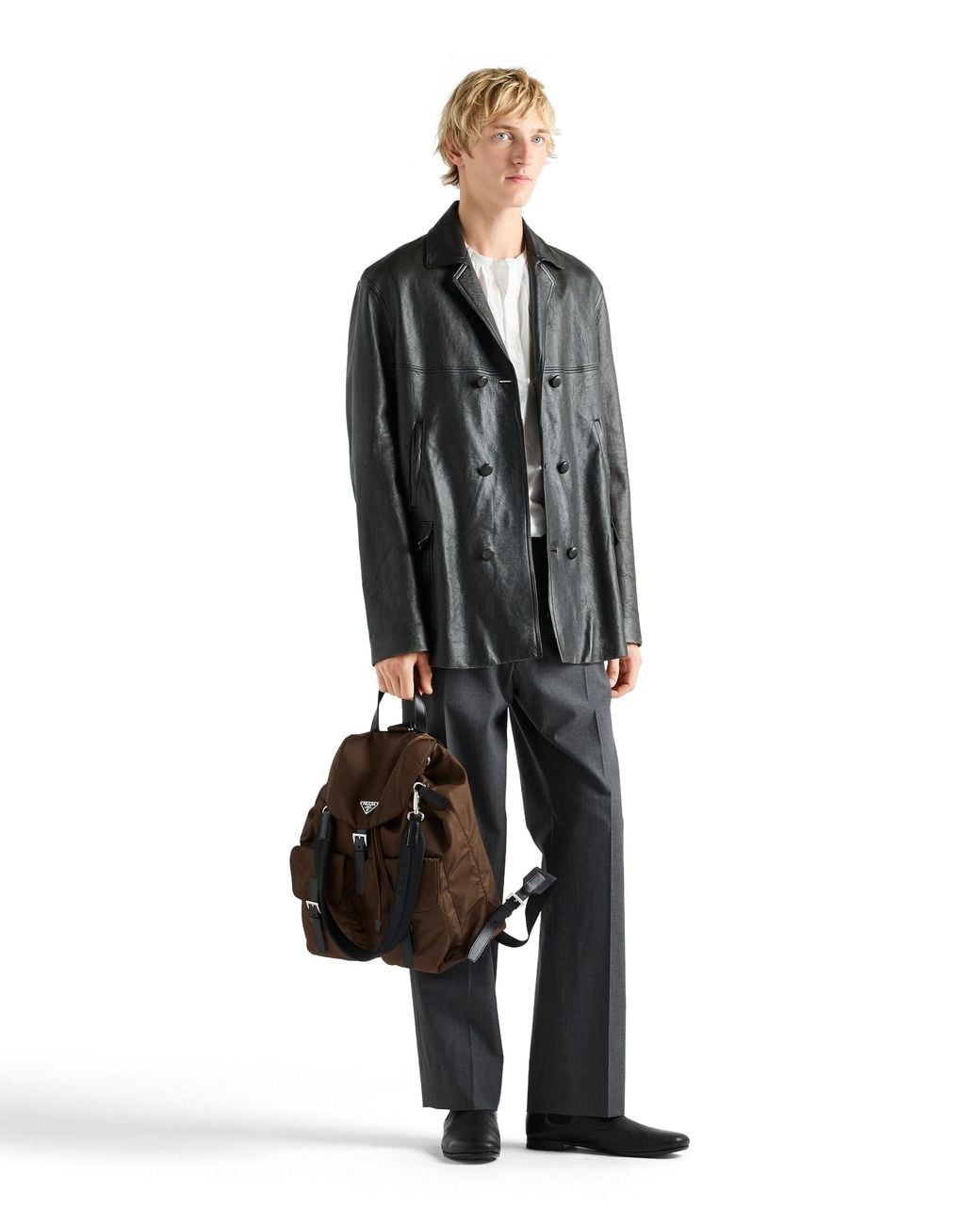 Prada Black Double-Breasted Nappa Leather Caban Jacket for men