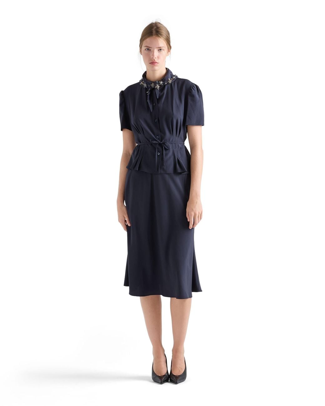 Prada Blue Embroidered Marocain Dress