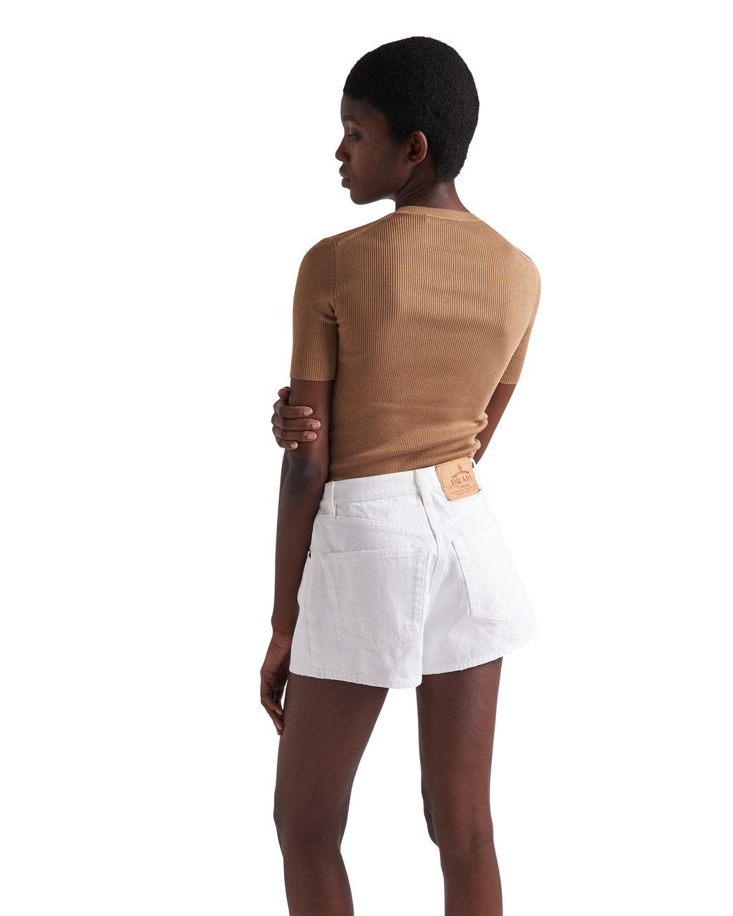 Jersey De Cuello Redondo En Seda Con Logo, Mujer, Talla Prada de color Natural