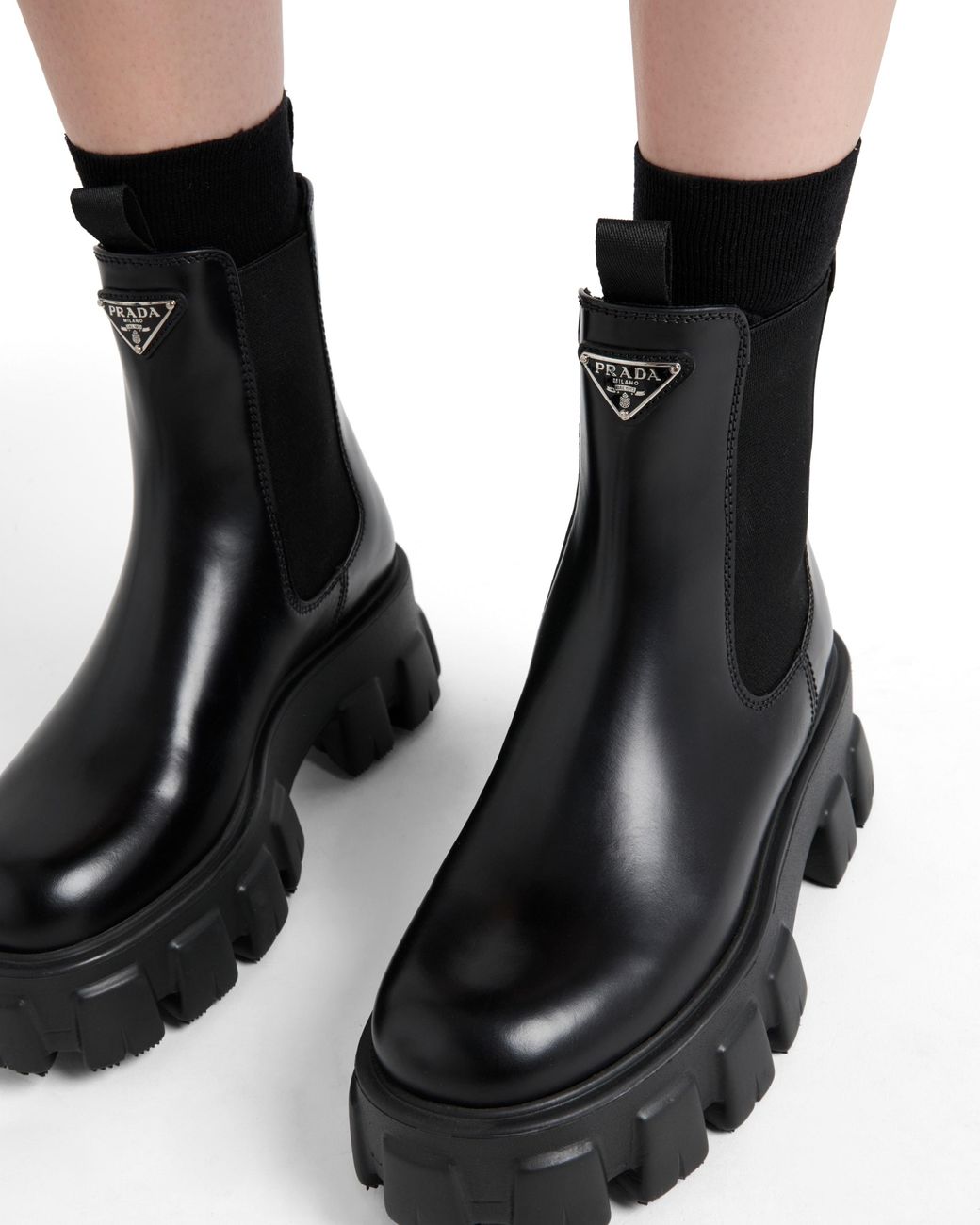 Prada Black Monolith Brushed Leather Chelsea Boots