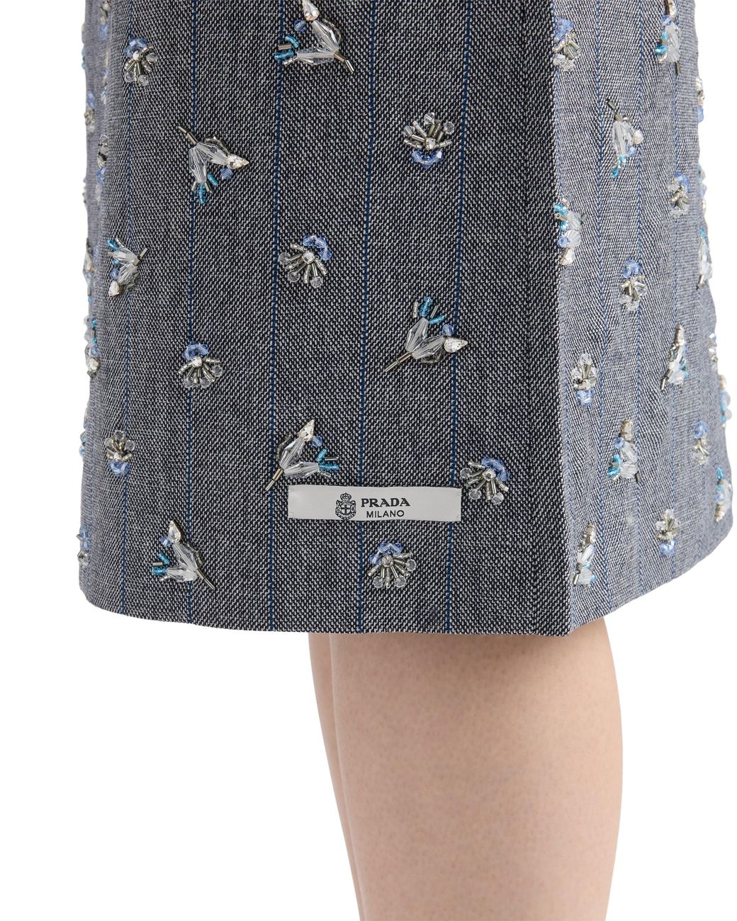 Prada Gray Embellished Pinstripe Wool Midi-Skirt