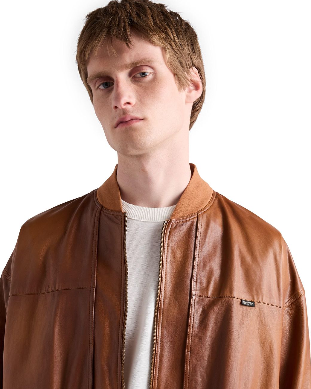 Prada Brown Oversized Nappa Leather Bomber Jacket for men