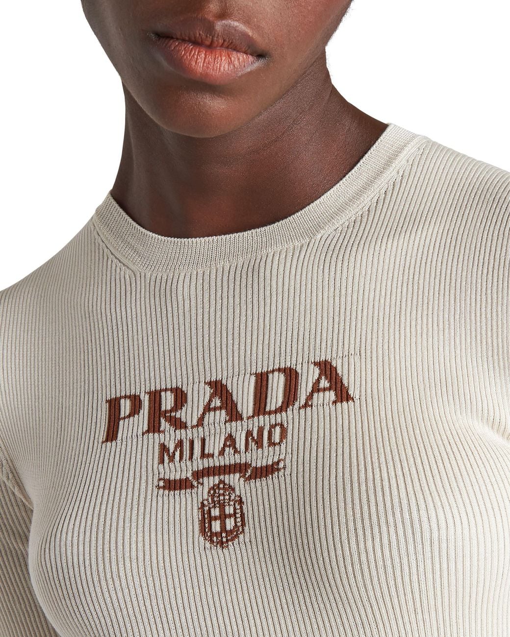 Prada White Silk Crew-Neck Sweater With Logo