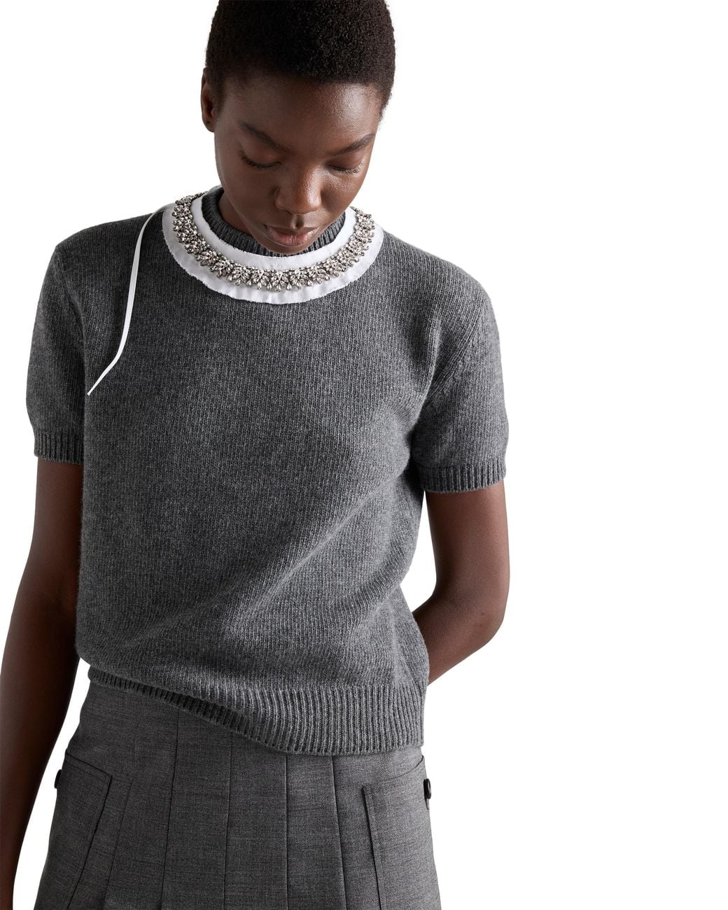 Prada Gray Short-Sleeved Wool And Cashmere Sweater, Slate