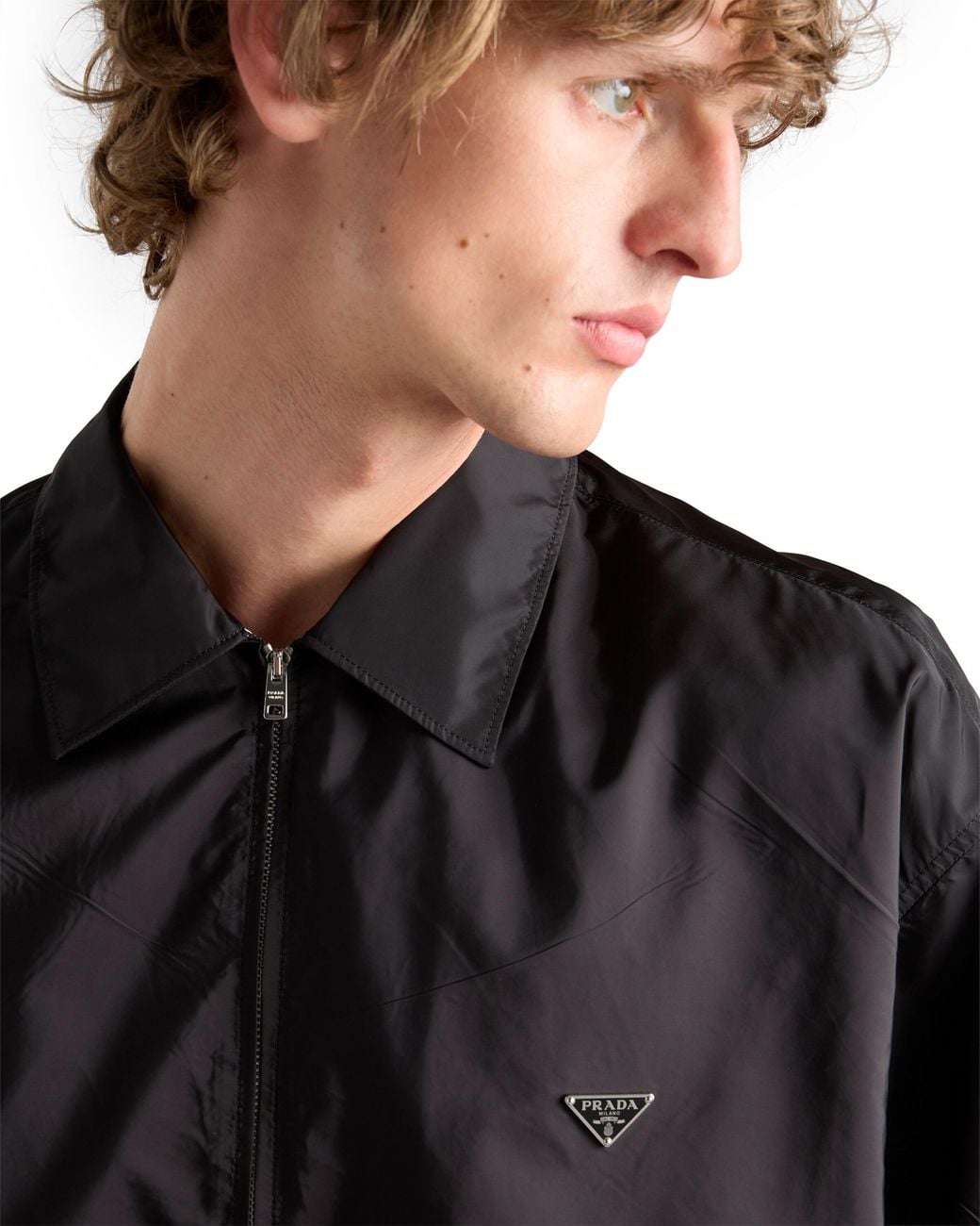 Prada Blue Short-Sleeved Re-Nylon Zipper Shirt for men
